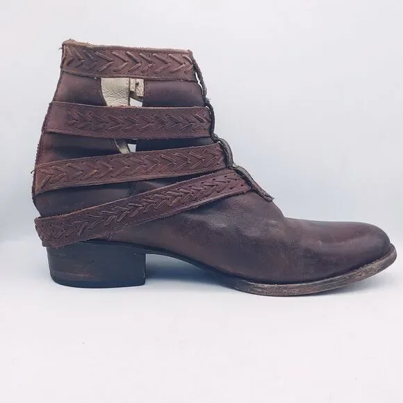 Freebird Women's Almond Toe Braided Buckled Straps Brown Leather Ankle Boots 10 - Picture 8 of 11